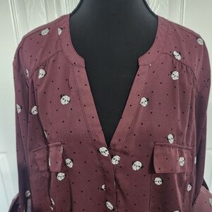Torrid Size 2 Maroon 3/4 Sleeve Harper Blouse With Black Polka Dots & Pug Faces